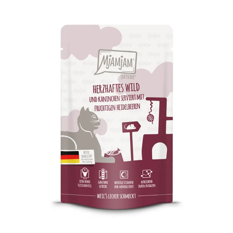Letzte Chance Sparpaket 12 x 125 g Mjamjam Quetschie Herzhaftes Wild und Kaninchen serviert mit fruchtigen Heidelbeeren Katzen Nassfutter